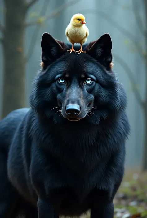 A black wolf with blue eyes and a chick on his head 