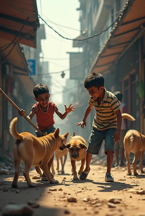 "An Indian street scene where a group of boys is harassing stray dogs. One boy is hitting a dog with a stick, another boy is kicking a dog with his foot, and another boy is throwing a stone at a dog. The boys wear casual Indian-style clothes and have misch...