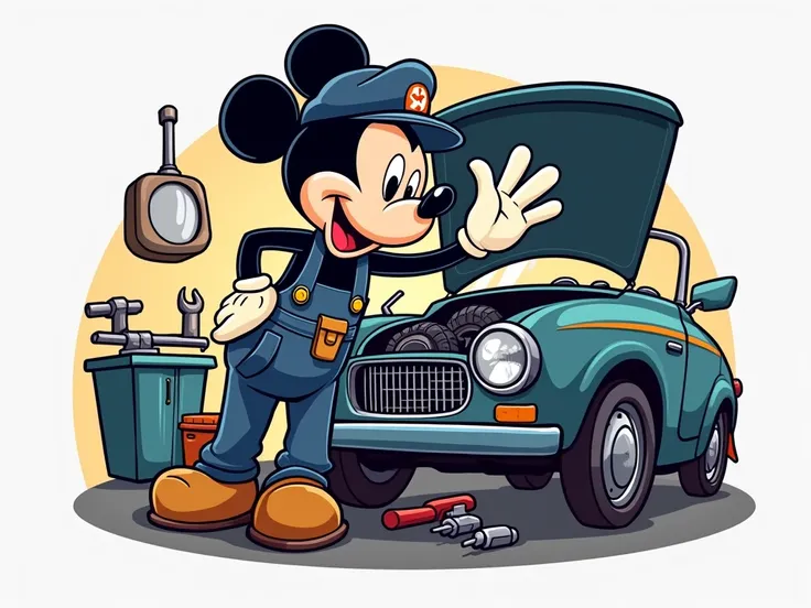 a logo of mickey mouse repairing a motor car wearing garagist clothes and garagist utils and making us a hand sign like to salut us