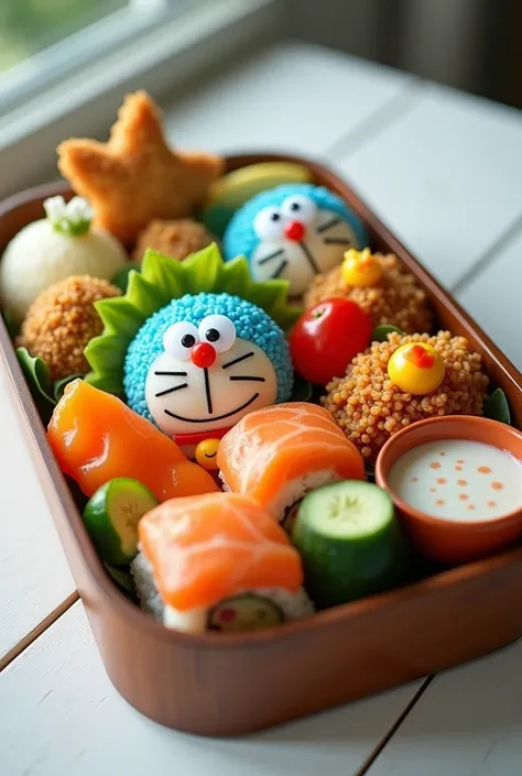  A professionally photographed bento box ,  arrayed on a white wooden table ,  decorated with cute patterns such as Doraemon shaped rice balls , Tamago ( Japanese omelette )  chicken-shaped ,  and small vegetables cut into moon and star shapes .  This bent...