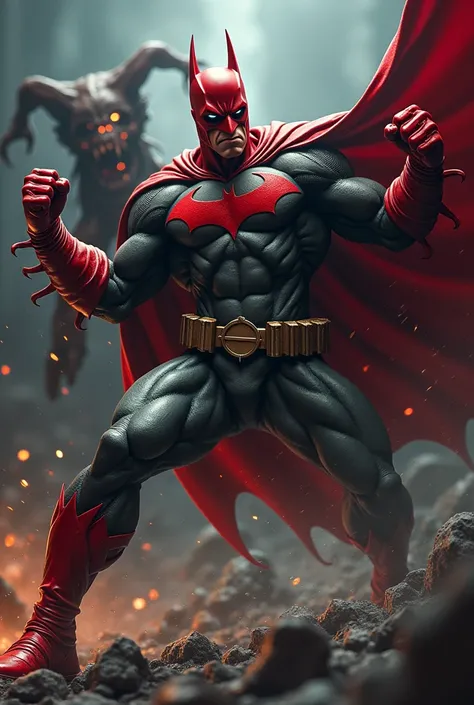 4 hand batman look angry suit color is red attack on a monster 