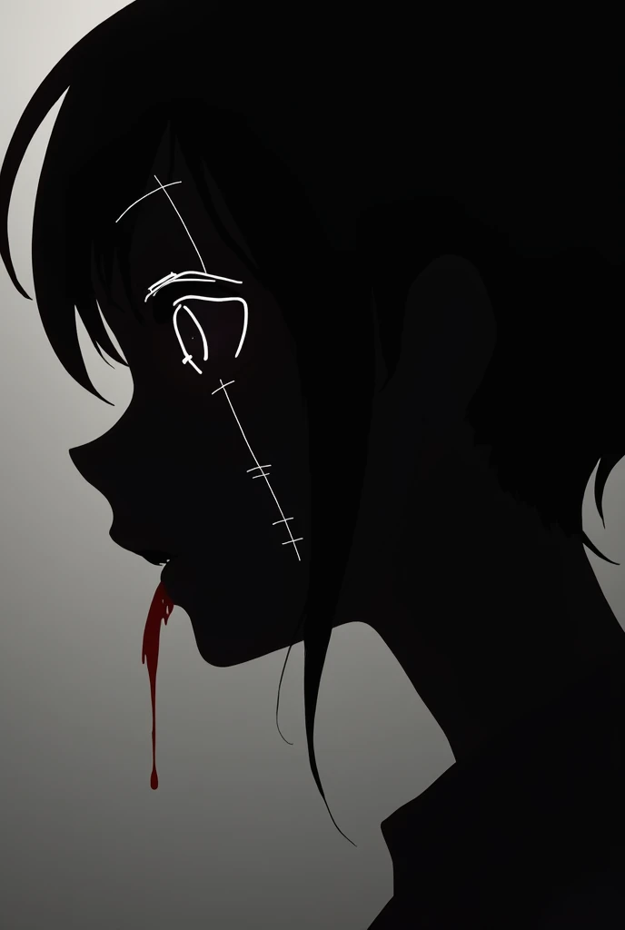 A silhouette of a female in a side-profile. Outlined in white, a suture crossing the bridge of her nose to the corner of her jawline. At the end of the suture, a blood-like drip is present.A dark anime style.