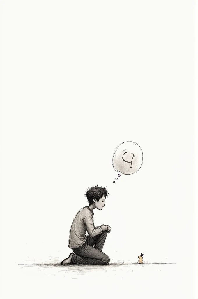 A simple drawing sketch of a man with the thoughts of the wife, having happy tears, kneeling down,