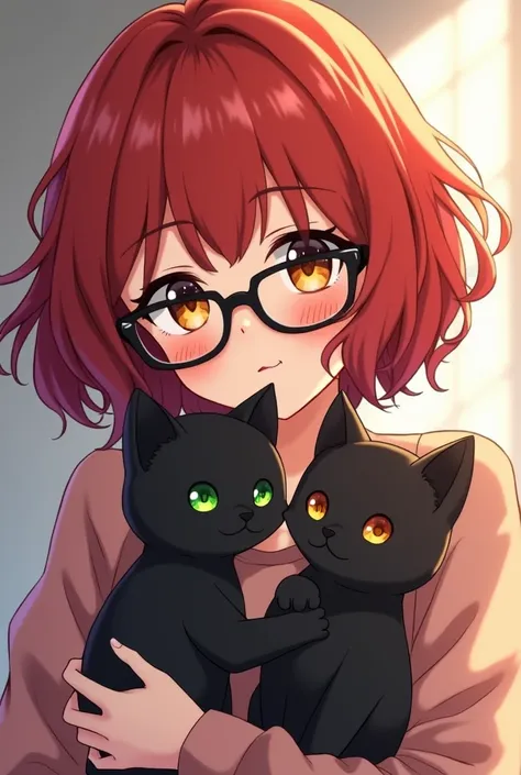  I want to create a fictional anime character with short red hair up to her shoulders wavy,And with dark brown eyes and bangs , wearing black glasses,and holding two black kittens , one kitten with green eyes and the other with orange eyes .