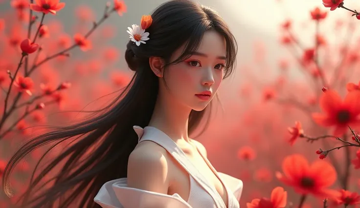  Realistic Portraits、 very beautiful young Japanese woman、 shot showing her waist 、 bright brunette with long hair 、Elegant and clear 、 sad、god々 beautiful appearance 、 wearing a white silk dress 、The background is full of red flowers、3d、 high quality and r...