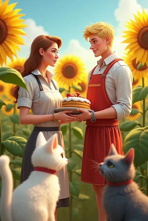 basketteur blond avec un gâteau dans la main qui regarde une pâtissières femme brune dans un champ de tournesol avec un gros chat blanc poilu et un petit chat gris qui les regardent
