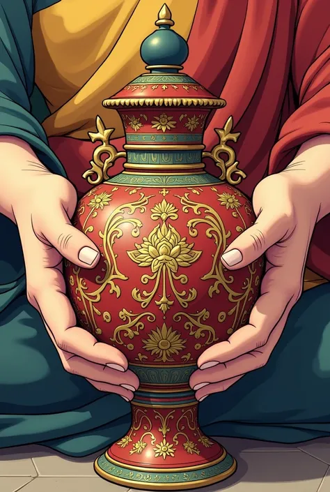 Close-up of hands picking up a sacred Buddhist vase, 2D manga style 