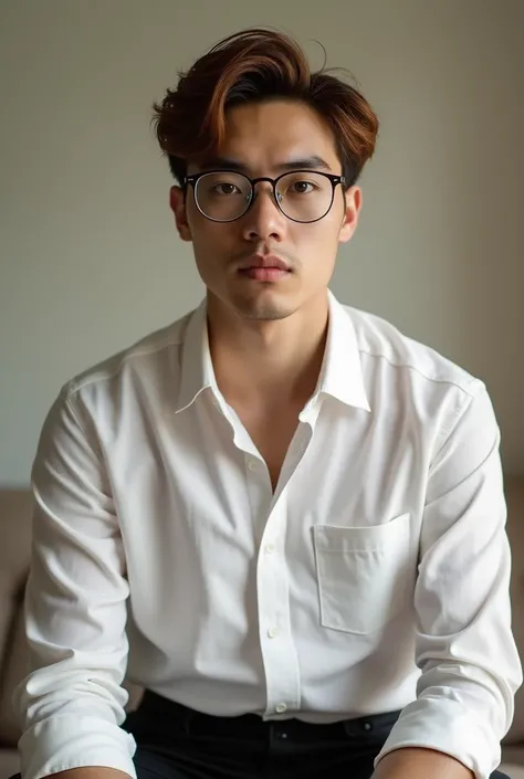  Make me a total love story, High, Handsome, wear glasses,  amber eyes ,  long eyelashes ,  dark and serious eyebrows , moderately soft , vừa chung tình, vừa phúc hắc, môi ửng hồng,  wearing a white shirt , black pants , muscular ,  chestnut hair 