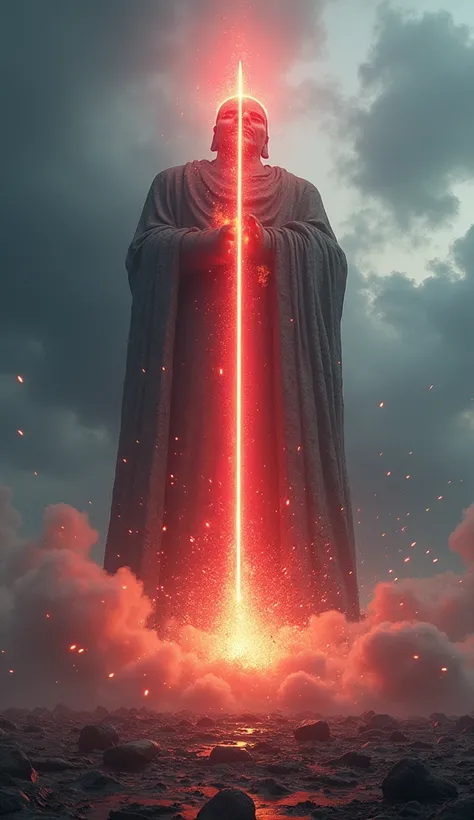 A vivid scene of the first arrow piercing through a massive stone statue, shattering it into dust and fragments. The arrow glows bright red, and magical sparks radiate from its tip. The background features a stormy sky and swirling winds, emphasizing the d...