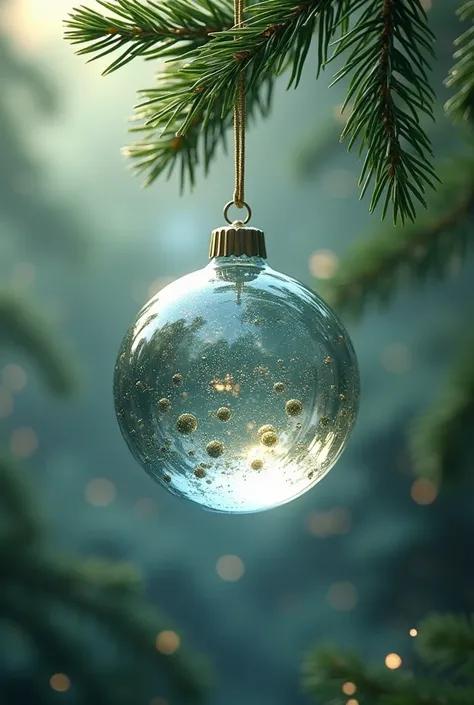 Transparent Christmas ball hanging on a green gale 
