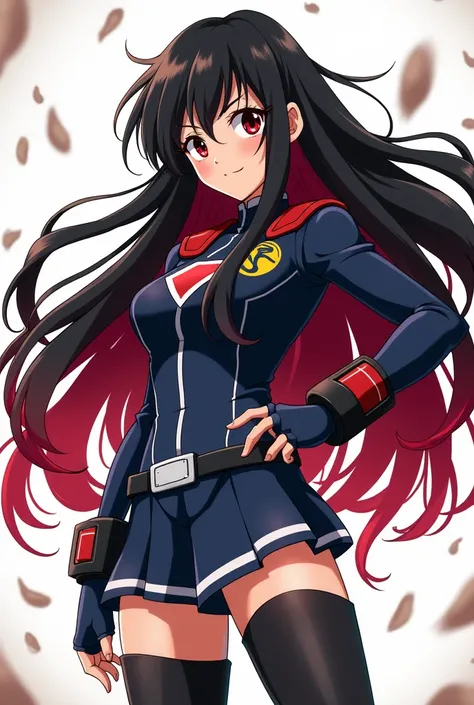 •Black hair and red tips
•Boku no Hero academy uniform,  fingerless gloves and boots
•normal skin and long eyelashes 
• Boku no hero style 
•Woman
•Long hair