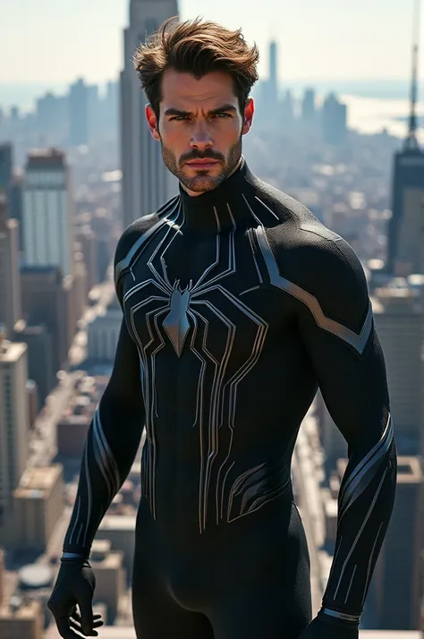 A realistic image of Andrew Garfield atop a skyscraper wearing the symbiotes black suit in broad daylight 