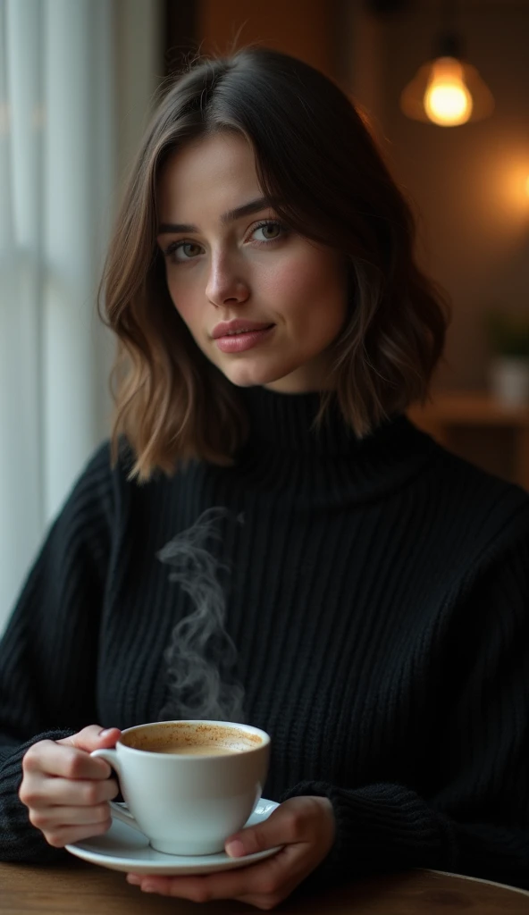 Marta wearing a black sweater is sitting drinking coffee in a blurry coffee shop.