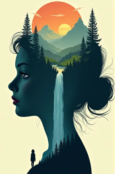 A surrealistic depiction of a body girl profile with the silhouette of the pretty girls head containing a breathtaking landscape featuring a sunset or
sunrise over a mountain range, a waterfall cascading down a cliff, and dense forests. The girls face is j...