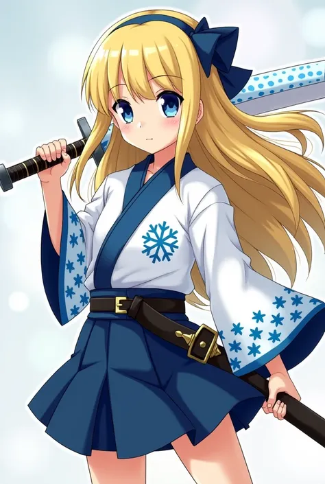 a young girl with long sandy blonde hair and blue eyes. She is a demon slayer swordsman in Kimetsu no Yaiba. She wore a short skirt and a long black belt that reached her buttocks. She is standing in a fighting stance. She holds a sword with snow rays. She...