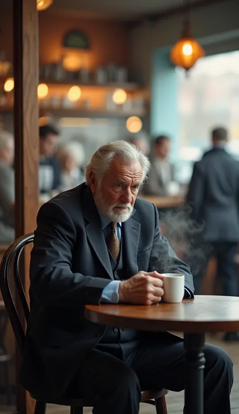 An elderly senate man drinking coffee and in the back there is a blurry coffee shop.
