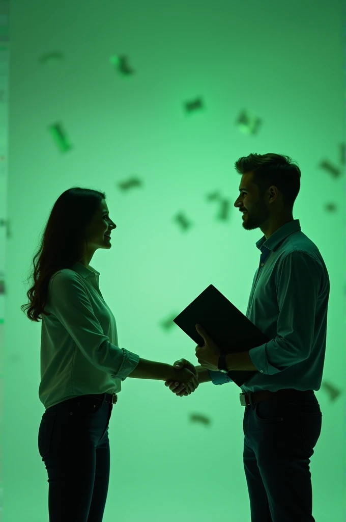 Create an Advertisement banner, high-quality image, 4K resolution, green tones. A man and a young woman are standing and shaking hands. The woman is holding a folder in her hand. The advertisement is about finance, with images of money or financial element...