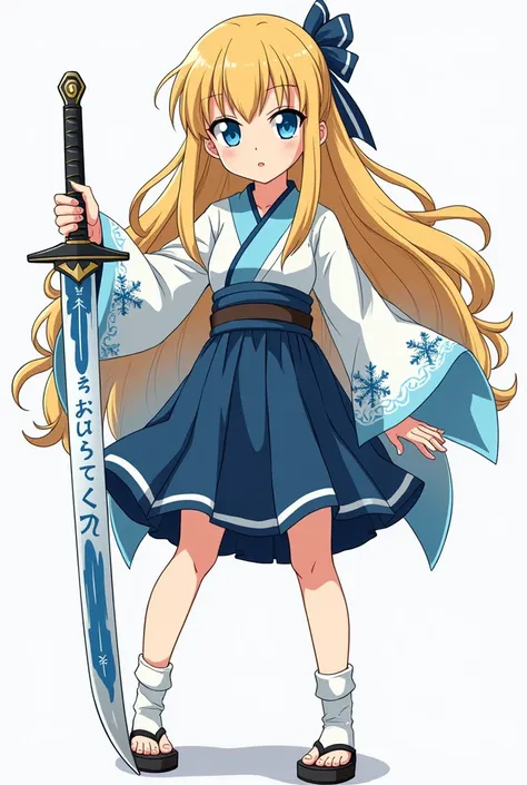 a young girl with long sandy blonde hair and blue eyes. She is a demon slayer swordsman in Kimetsu no Yaiba. She wore a short skirt and a long black belt that reached her buttocks. She is standing in a fighting stance. She holds a sword with snow rays. She...