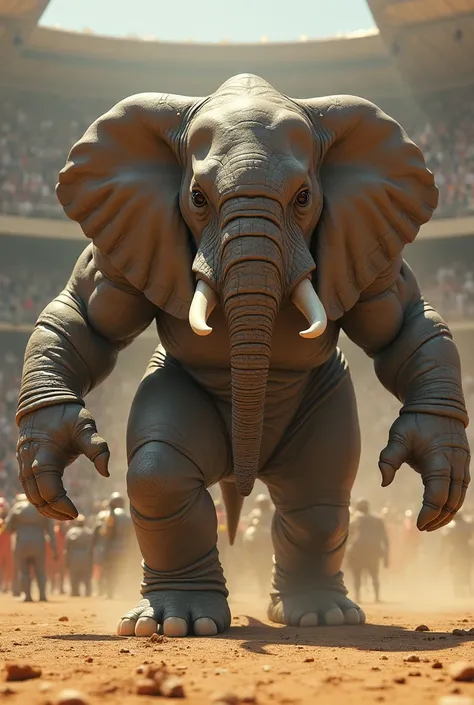 A humanoid elephant in  Desert with a lot of dust, your ren, with powerful, muscular features. reflecting the light. Its intense, predatory gaze is fixed forward, and it wears, its stance poised for combat. The ring is surrounded by a blurred crowd, adding...