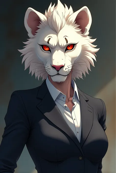 Beastars style anime, anthro female lion, white fur, red eyes, no mane and no hair, short hair, scars, suit. She is mesmerizing looking, strong, a leader of a mafia.