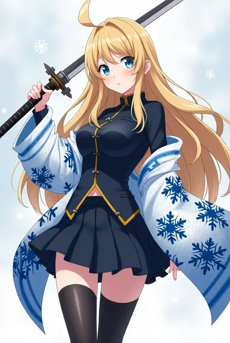 a young girl with long sandy blonde hair and blue eyes. She is a demon slayer swordsman in Kimetsu no Yaiba. She wears a short skirt with a black uniform shirt and black stockings that reach up to her buttocks. She is standing in a fighting stance. She hol...