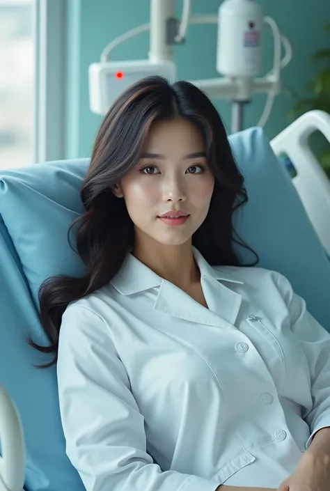 Modern, Realistic, a very beautiful asian woman, woman very thick hair, woman very glisten hair, woman 50 year old, woman very big breast, woman doctor, a  in a hospital bed