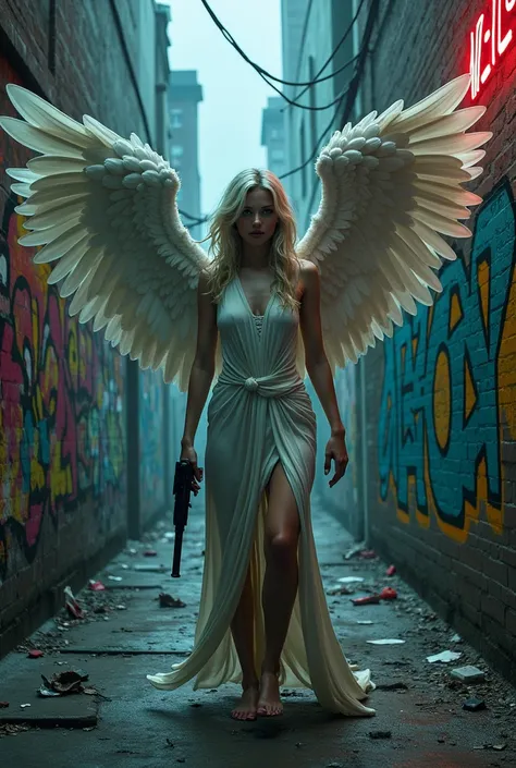 
Fallen street angel ":  An angel with torn wings and a gun in one hand,  standing in front of a graffiti mural ,  with a neon background and dark buildings .