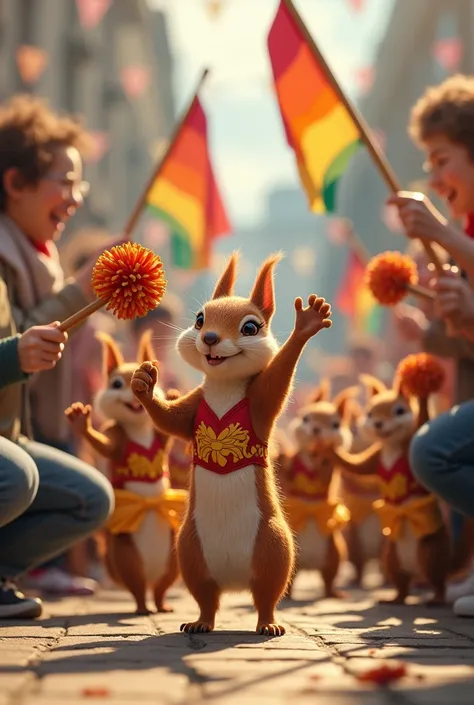 Squirrels, wearing cheerleaders, holding pompoms, holding flags, people squatting their hands around.