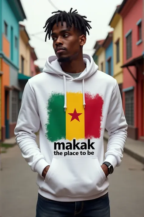 Generate me an image of a white hoodie with the Cameroon flag on it and the following writing:
MAKAK the place to be a