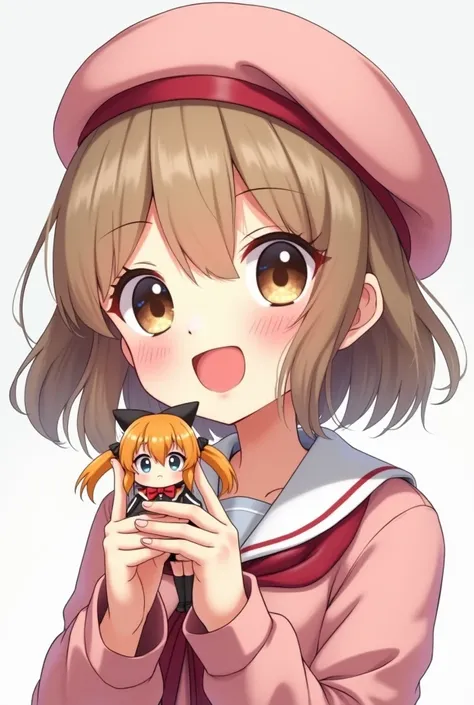 8k ,  a cute realistic Japanese boy , white and his pink cheeks ,  light brown hair with brown eyes ,  red lips with an anime figure in his hand,  with his mouth open smiling , femboy style ,  female boy with a pink beret on his head 