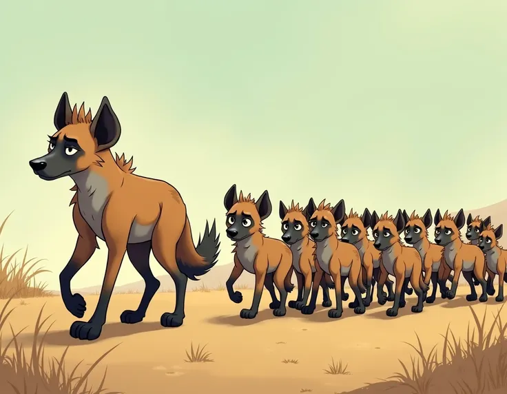 father hyena walking followed by his 9 s going to left sadly cartoon