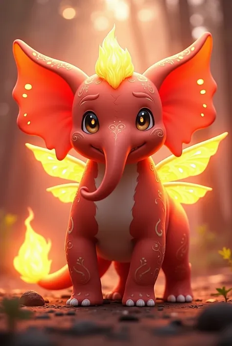 Pokemon, 3d anime, female pokemon, teen elephant, fire type, fairy type, big ear, long nose, red skin, epic realistic, cute, chubby