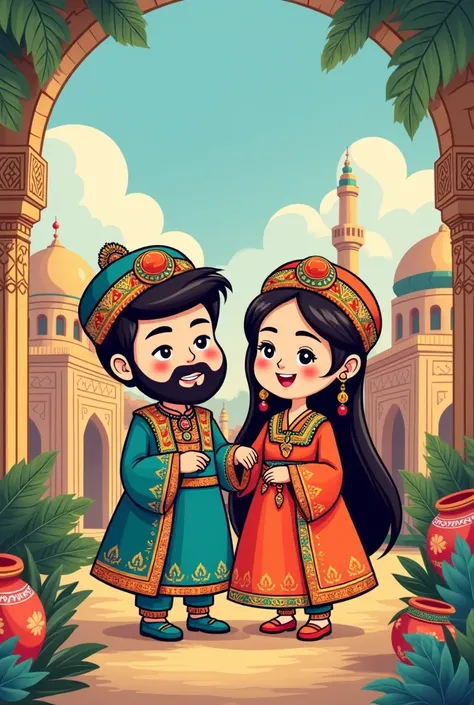 Picture Couple of cartoon characters in Turkmenistan traditional vector