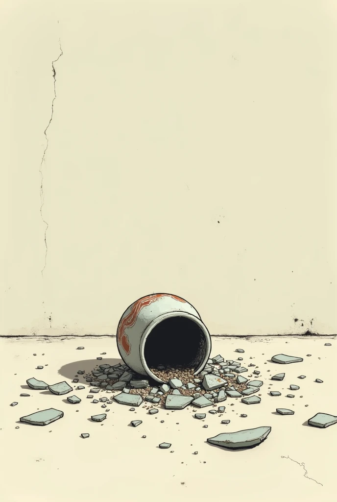 Wide shot of a broken vase on the ground, 2D manga style 