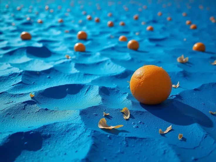  The earth is all blue , like the sky after the rain ,  but with the texture of orange peel — smooth,  however with slight irregularities .  Orange Apes the oranges are scattered over the surface ,  adding heat to this space .  People stand among this blue...