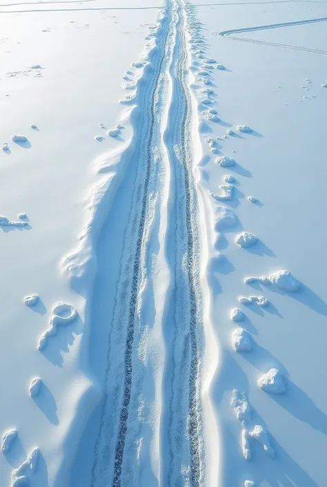 top view of car tire tracks on ice cream surface