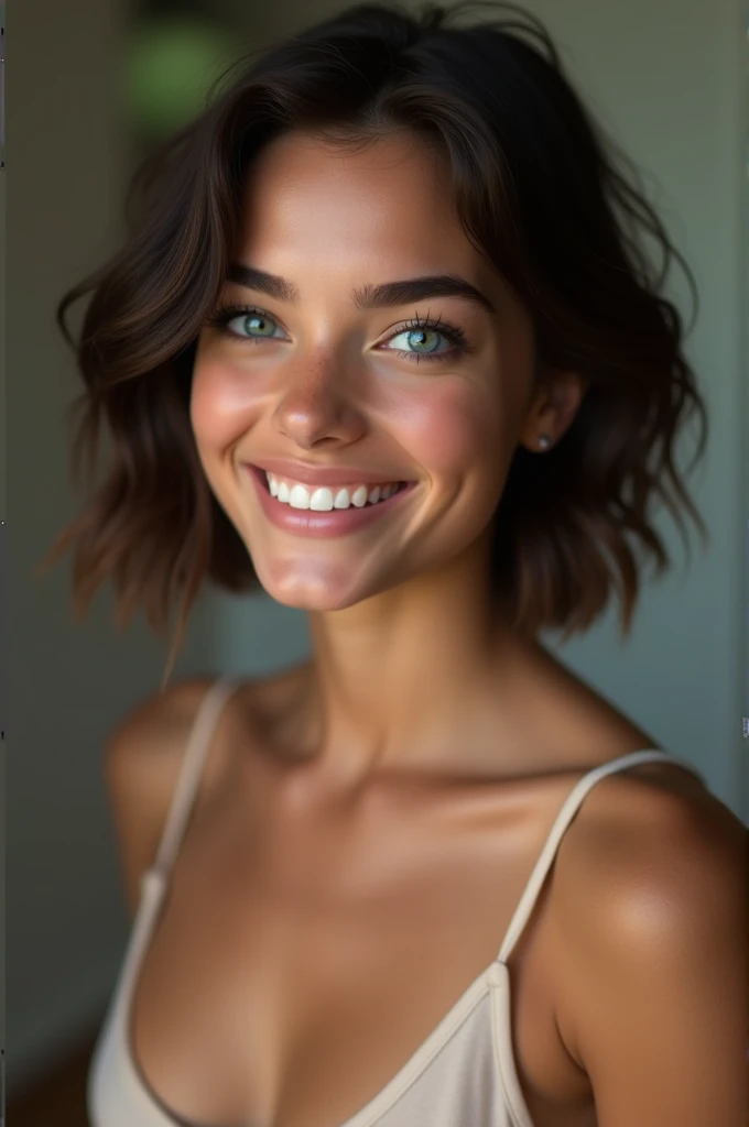 extreme realism photo , a young woman of 20 years old, with short straight hair , dark brown color, illuminated. Olhos dark brown color,  She has a radiant smile ,  showing her cheerful and fun personality .  Your eyes are blue ,  Large and expressive ,  w...