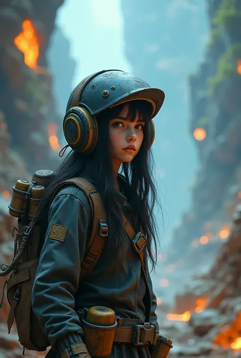 A girl with black hair and adventure helmet no face