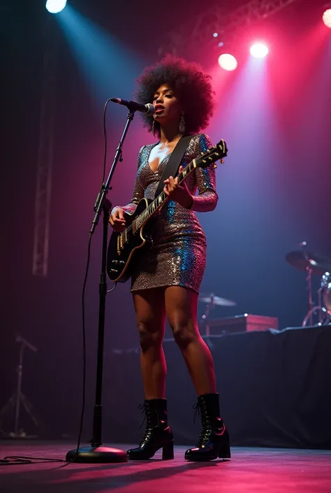 Black woman singer from the 90s 80s wearing a colorful sequin dress and big black boots and a black guitar singing and dancing on a stage