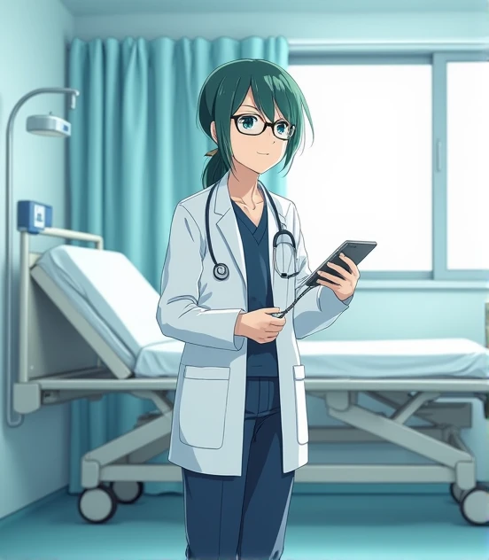  A 43-year-old anime man , To Love Ru,  soft lighting , standing at the foot of a stretcher ,  in front of a stretcher in a white hospital room with white slabs in the city of Tokyo,  the windows of the room are covered by light blue curtains on the day , ...