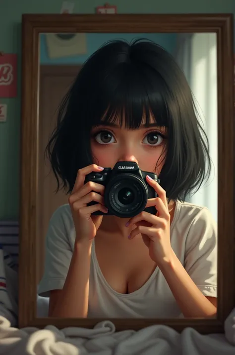 Realistic  Latina girl with very realistic black eyes taking a picture in a mirror of her room short black hair 