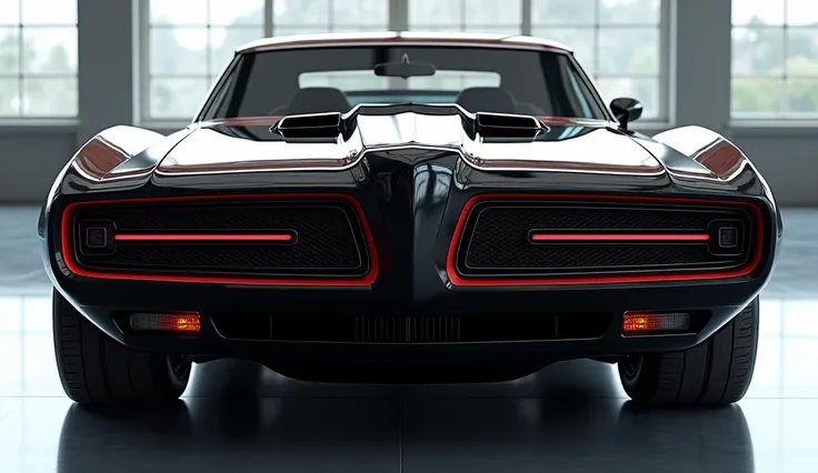 "Create a hyper-realistic image of a futuristic   Plymouth GTX sports car viewed from the front. The car has a sharp, aggressive front grille with intricate details, slim LED headlights, and aerodynamic contours on the hood. The car body is glossy black wi...