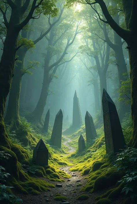  an immense forest with a few stones in a pointed shape, And let it be fanciful and mystical . with view from above