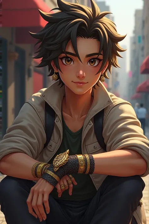 A 19-year-old boy , dark skin tone,  with a hair color between brown and blonde , casual clothing , leather boots,  a bracelet on his right hand shaped like a dragon and a rune with an image of a dragon,  with brown eyes , Stylish by DND