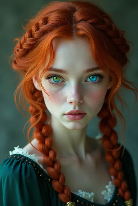 A red-haired girl with braids in two and with heterochromia( one eye blue and the other bright green ) Full-body 
And clothes 