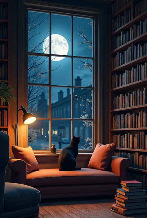 Pretty library full of books with a window that looks like its midnight and a black cat in the street
