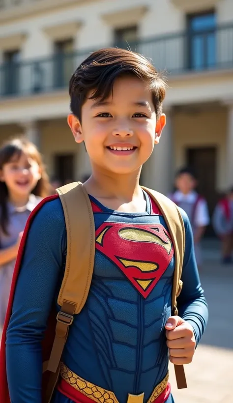 A young boy, likely 10-, of Asian descent, dressed in a detailed Superman costume,  standing in front of a school.  The costume is a realistic portrayal, featuring a blue spandex-like material with textured details and a classic red Superman emblem.  He we...