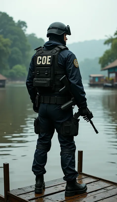 Amazonas (AM) - COE in the Amazon River Region

Prompt:
"A COE (Companhia de Operações Especiais) officer from Amazonas, Brazil, standing on a wooden dock overlooking the Amazon River. The officer wears a black tactical uniform, waterproof boots, and a bul...