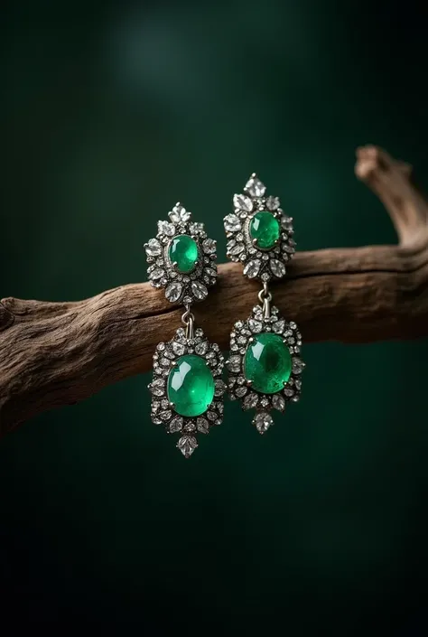 close-up of a pair of earrings on a dry branch,stylized photo for a catalog, baroque jewelry, empress jewelry, jewelry photography, jewelry lighting, art Nouveau rendering, emerald earrings, Chaume style, exquisite jewelry with ornaments, earrings with sma...