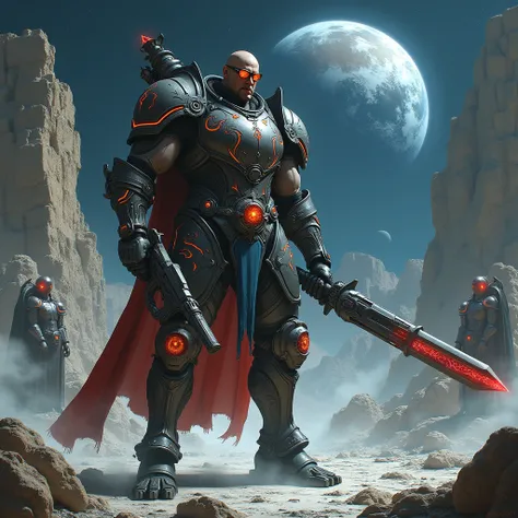 A very muscular medieval knight with futuristic glasses,  a giant firearm 
in the back and a huge electric sword, in a chaotic lunar setting with Greek statues with bright red eyes in a dark atmosphere